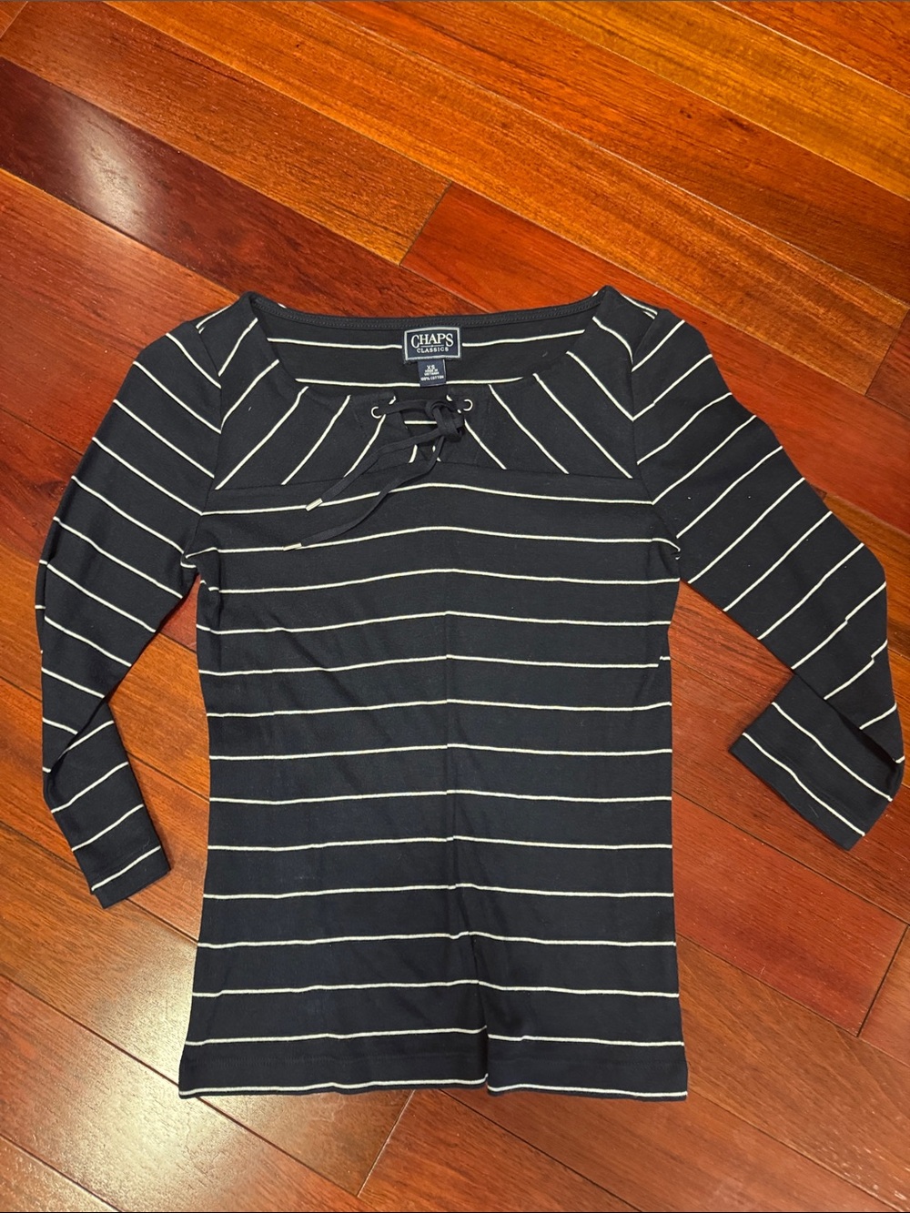 Chaps Navy and White Striped Lace-Up Boatneck Long Sleeve Top